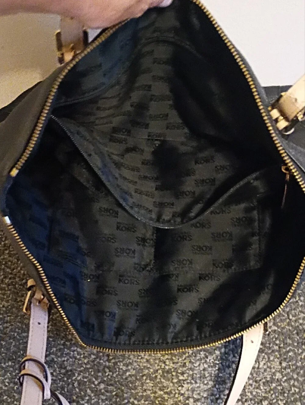 Michael Kors Pebbled  Black Leather Tote with Cream Handles and Gold Hardware